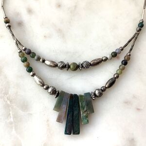 Vintage Southwestern Necklace Silver Tone Beaded Green Stones 15”